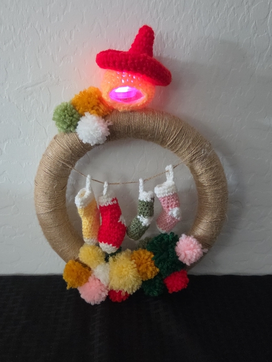 Other - Handcrafted 10in Pom-Pom Wreath with Mini Stockings - Red, Green, Yellow, Pink